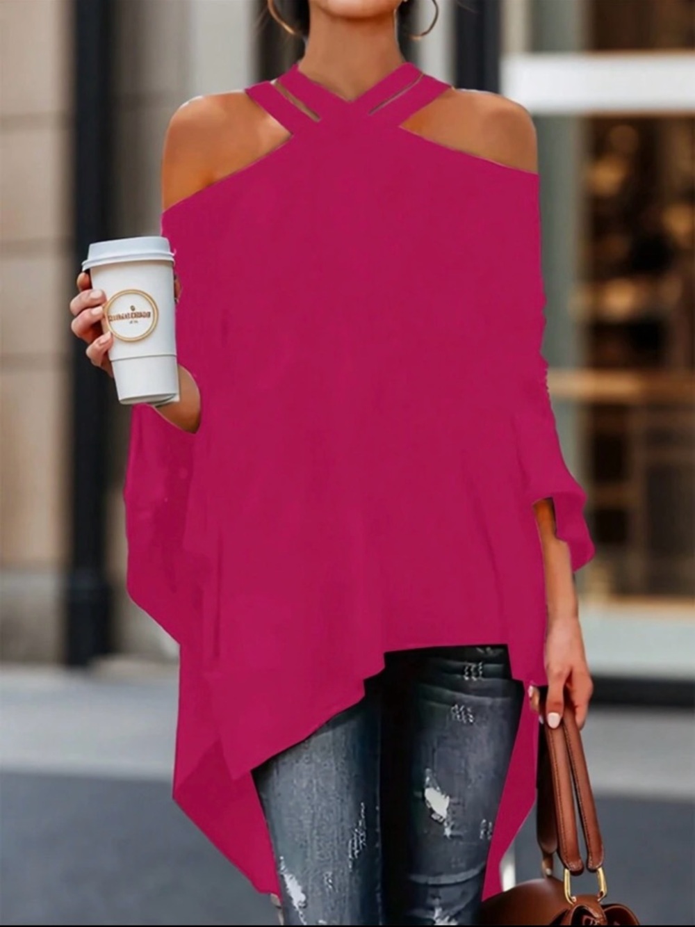 Hot Pink Cold Shoulder Cross Neck Tunic Top Medium